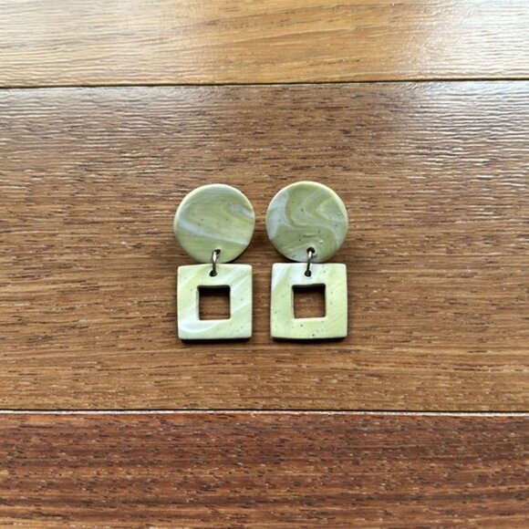 Handmade Artisan Earrings, Polymer Clay Matcha Swirl - Picture 1 of 6